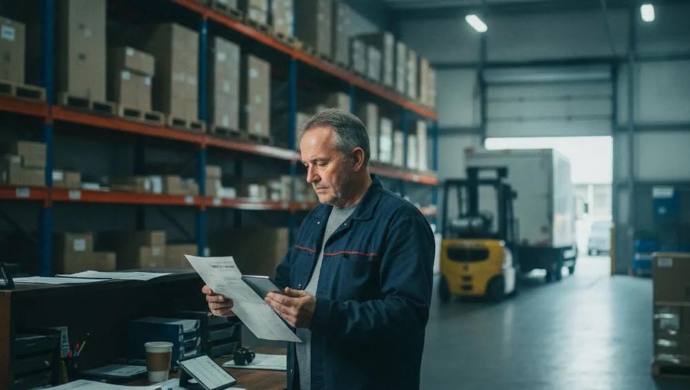 Warehouse worker reviews paperwork beside stocked shelves, with a forklift and delivery truck behind him.
