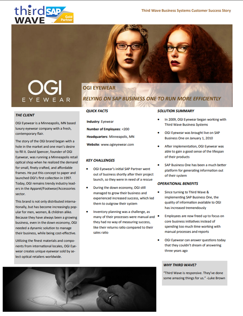 Business flyer for OGI Eyewear featuring two women in glasses and text about SAP-based business solutions