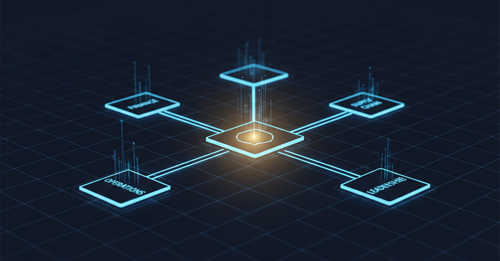 Abstract diagram showing interconnected finance, operations, and leadership teams converging into a single unified ERP platform