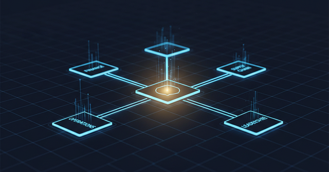Abstract diagram showing interconnected finance, operations, and leadership teams converging into a single unified ERP platform