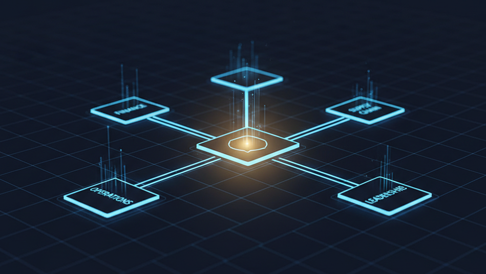 Abstract diagram showing interconnected finance, operations, and leadership teams converging into a single unified ERP platform
