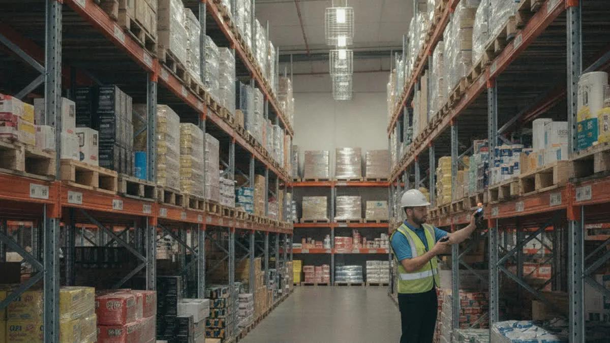 Warehouse worker scans inventory among tall racks stacked with pallets and boxes.