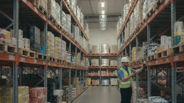 Warehouse worker scans inventory among tall racks stacked with pallets and boxes.