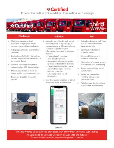 Certified case study flyer showing challenges, solutions, ROI, and Versago mobile app with office and worker photos
