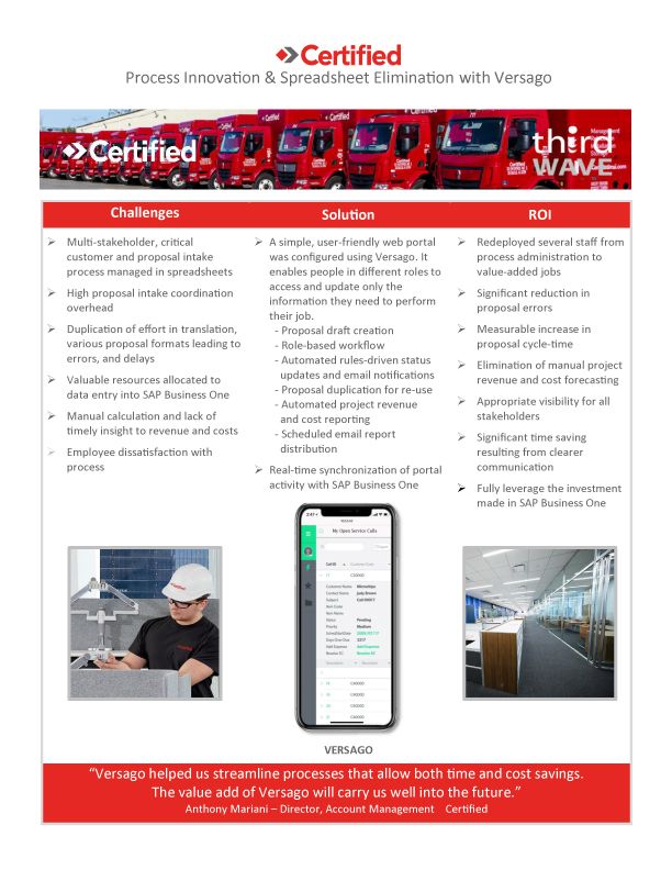 Certified case study flyer showing challenges, solutions, ROI, and Versago mobile app with office and worker photos
