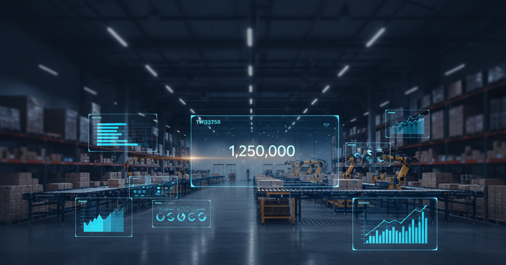 Modern warehouse interior with floating dashboards and inventory metrics representing the hidden cost of spreadsheet-driven manufacturing operations