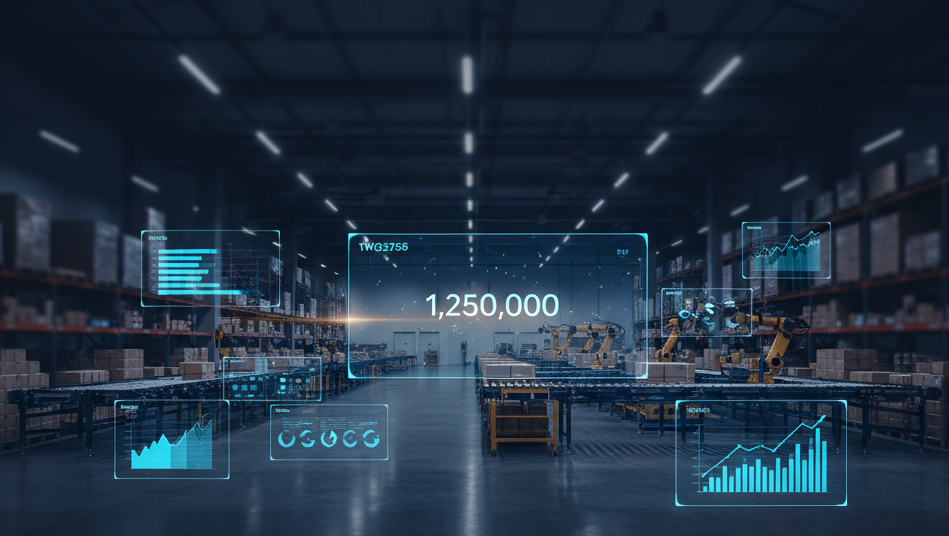 Modern warehouse interior with floating dashboards and inventory metrics representing the hidden cost of spreadsheet-driven manufacturing operations