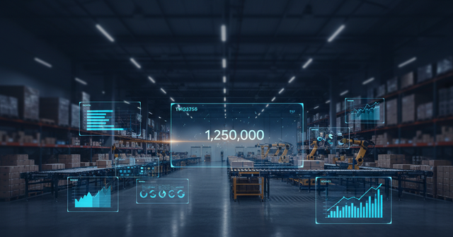 Modern warehouse interior with floating dashboards and inventory metrics representing the hidden cost of spreadsheet-driven manufacturing operations