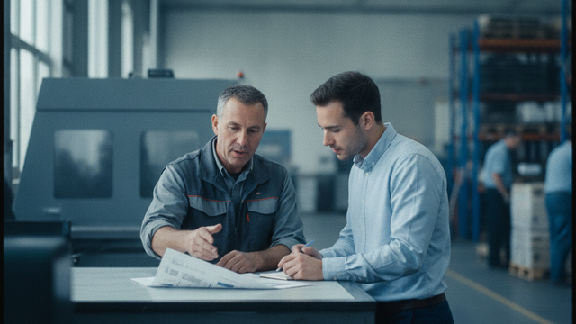 An operations manager and an SAP Business One consultant reviewing a printed report at a table on the edge of a manufacturing floor