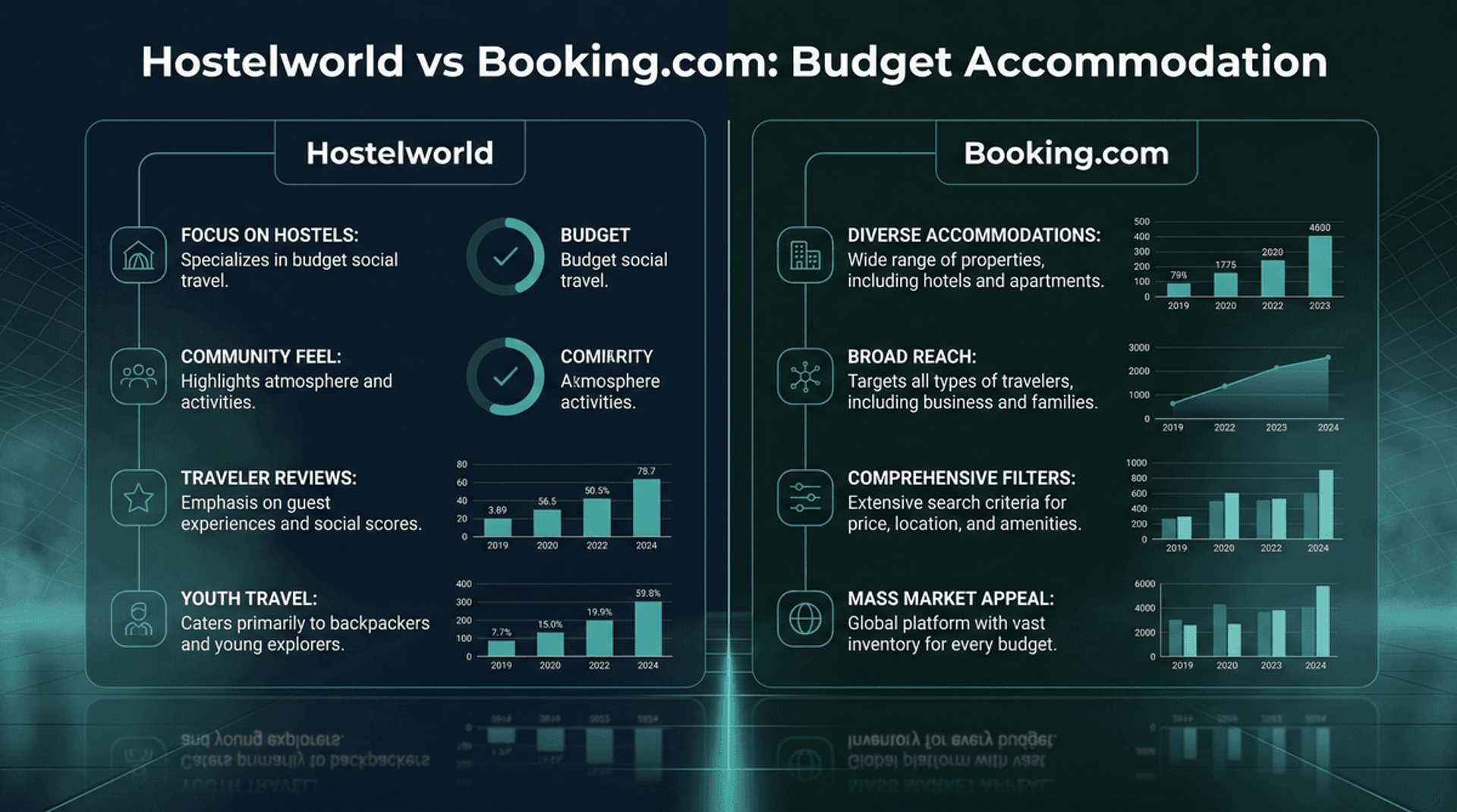Hostelworld vs Booking bütçe konaklama segment karşılaştırma infografiği
