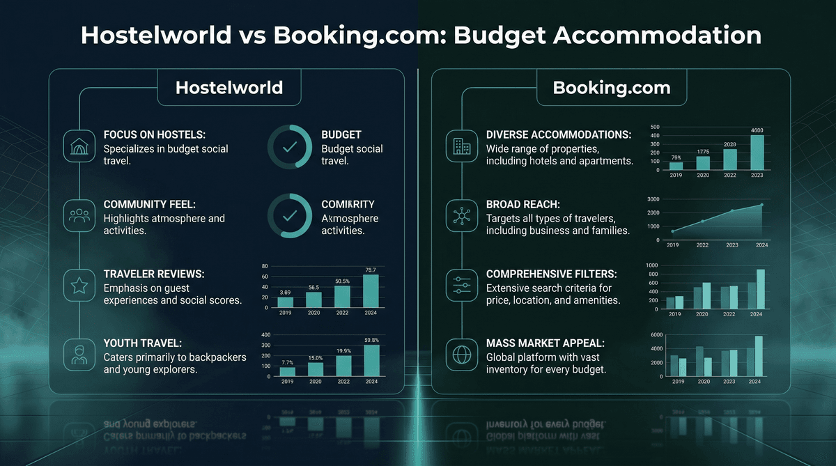 Hostelworld vs Booking bütçe konaklama segment karşılaştırma infografiği