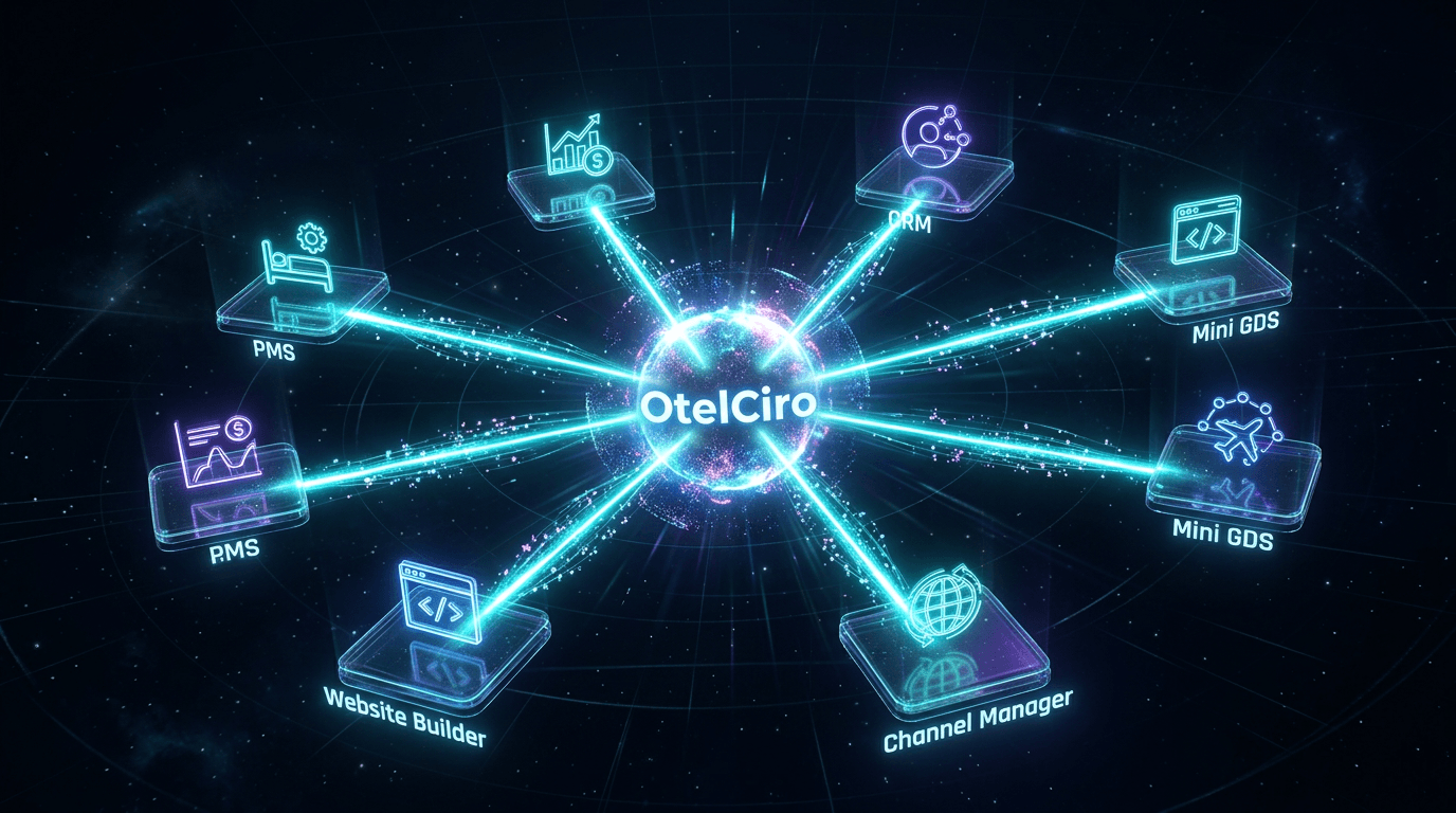 OtelCiro ekosistemi — PMS, RMS, CRM, Website Builder, Channel Manager, Mini GDS, AI Engine bağlantı haritası