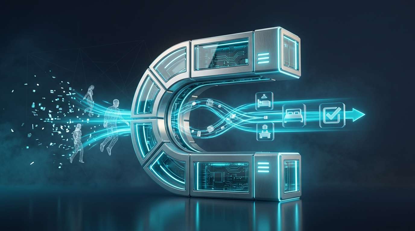 Otel remarketing stratejisi infografik — remarketing akışı, hedef kitle segmentleri ve ROI metrikleri