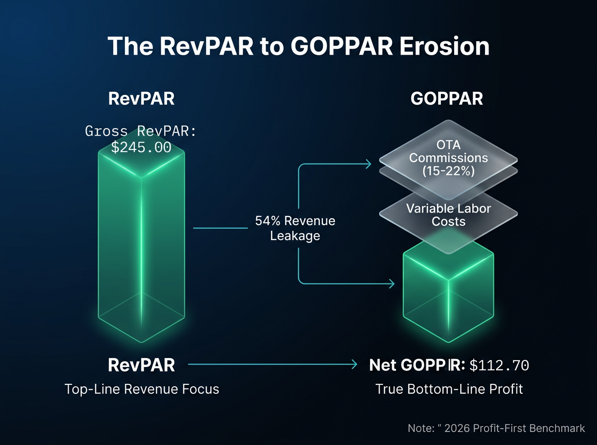 A conceptual split-screen graphic showing gross room revenue (RevPAR) on one side, and net operating profit (GOPPAR) after labor and OTA commissions on the other.