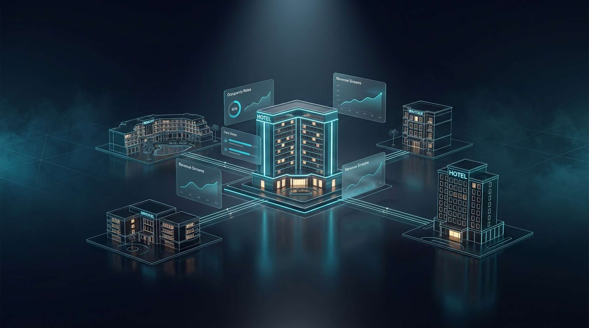 Çoklu tesis (multi-property) otel yönetimi infografiği