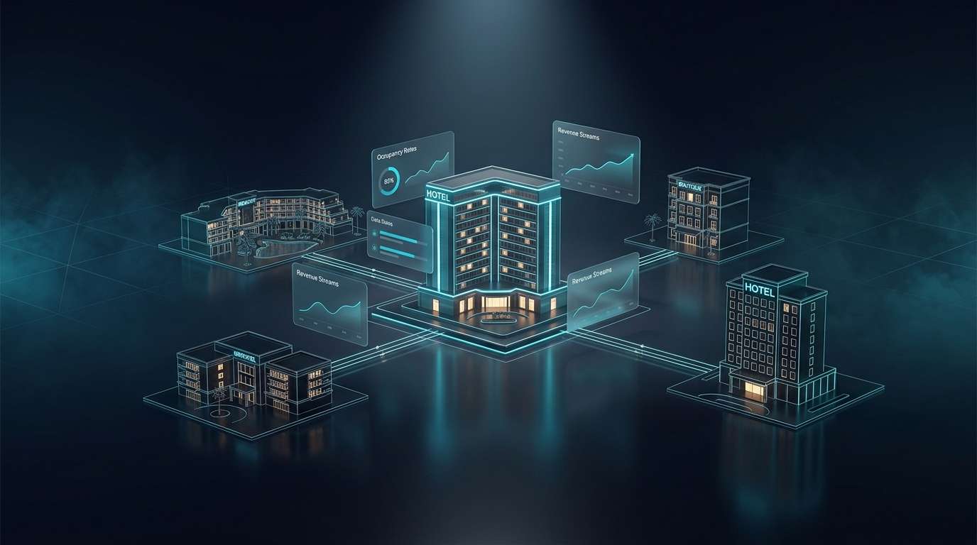 Çoklu tesis (multi-property) otel yönetimi infografiği