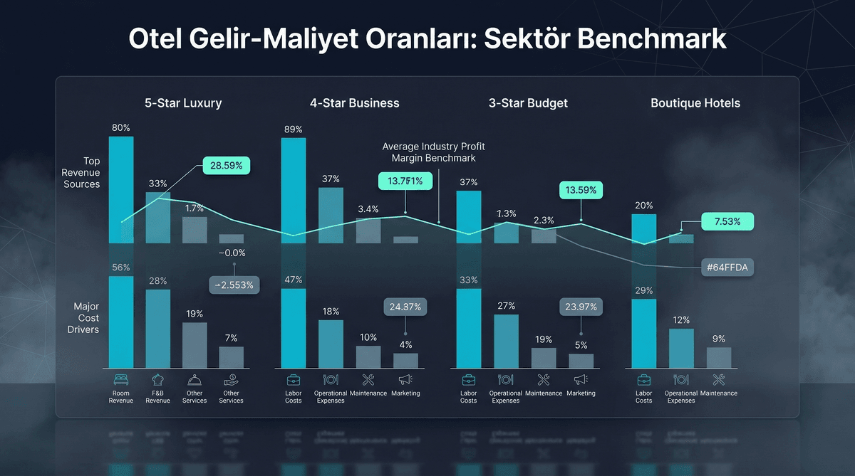 Otel Gelir-Maliyet Benchmark İnfografiği