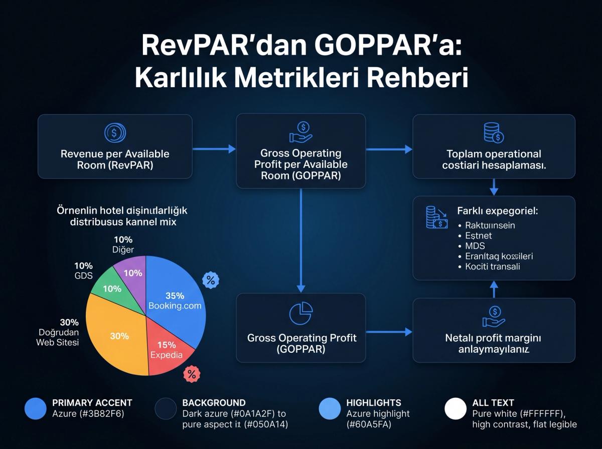 Bir otelin dağıtım kanalı karmasını gösteren renkli bir pasta grafiği. Dilimler: %35 Booking.com, %15 Expedia, %30 Doğrudan Web Sitesi, %10 GDS, %10 Diğer. Her dilimin yanında komisyon maliyetini simgeleyen küçük bir yüzde işareti olabilir.