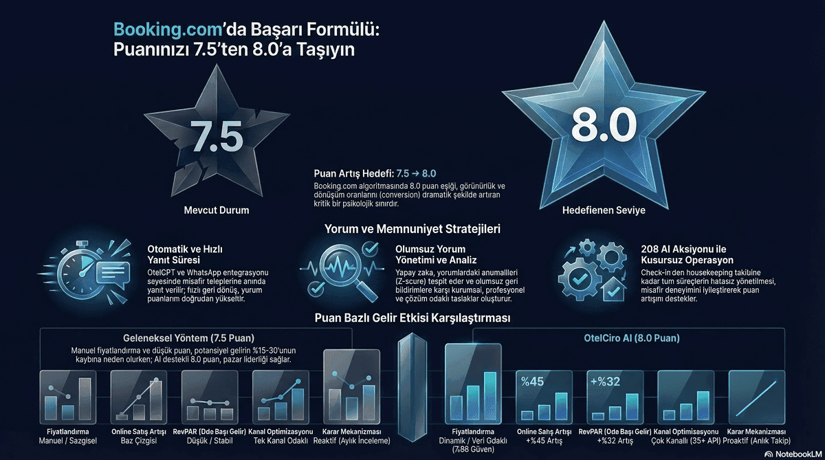 Booking.com yorum puanı artırma stratejileri ve gelir etkisi infografiği