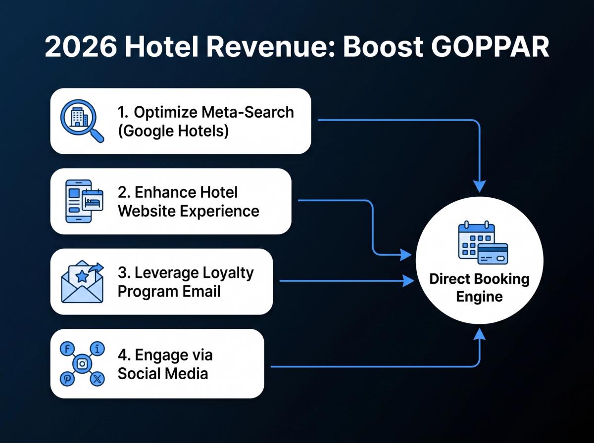 A diagram showing a central hub labeled 'Direct Booking Engine' with arrows pointing to it from various sources: 'Meta-Search (Google Hotels)', 'Hotel Website', 'Loyalty Program Email', and 'Social Media'.