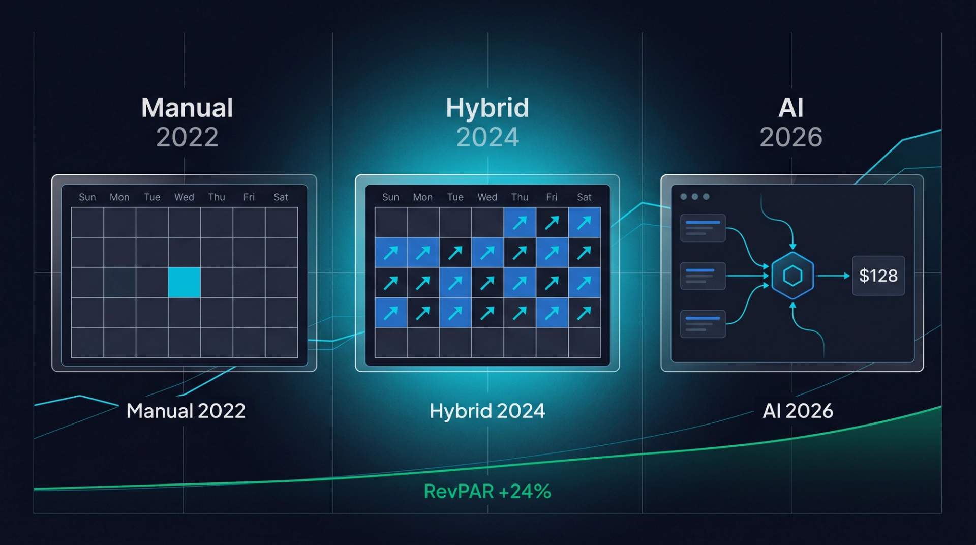 Three-panel progression of hotel revenue operations. 'Manual 2022' shows a static Excel calendar. 'Hybrid 2024' shows partial automation with cyan arrows. 'AI 2026' shows a compact dashboard with a hexagonal AI node and live rate output. A thin emerald growth line below all three reads 'RevPAR +24%'.