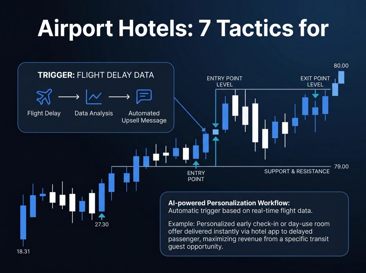 A diagram or simple flowchart showing how flight delay data triggers an automated, personalized upsell message to a guest's phone via the hotel's app.