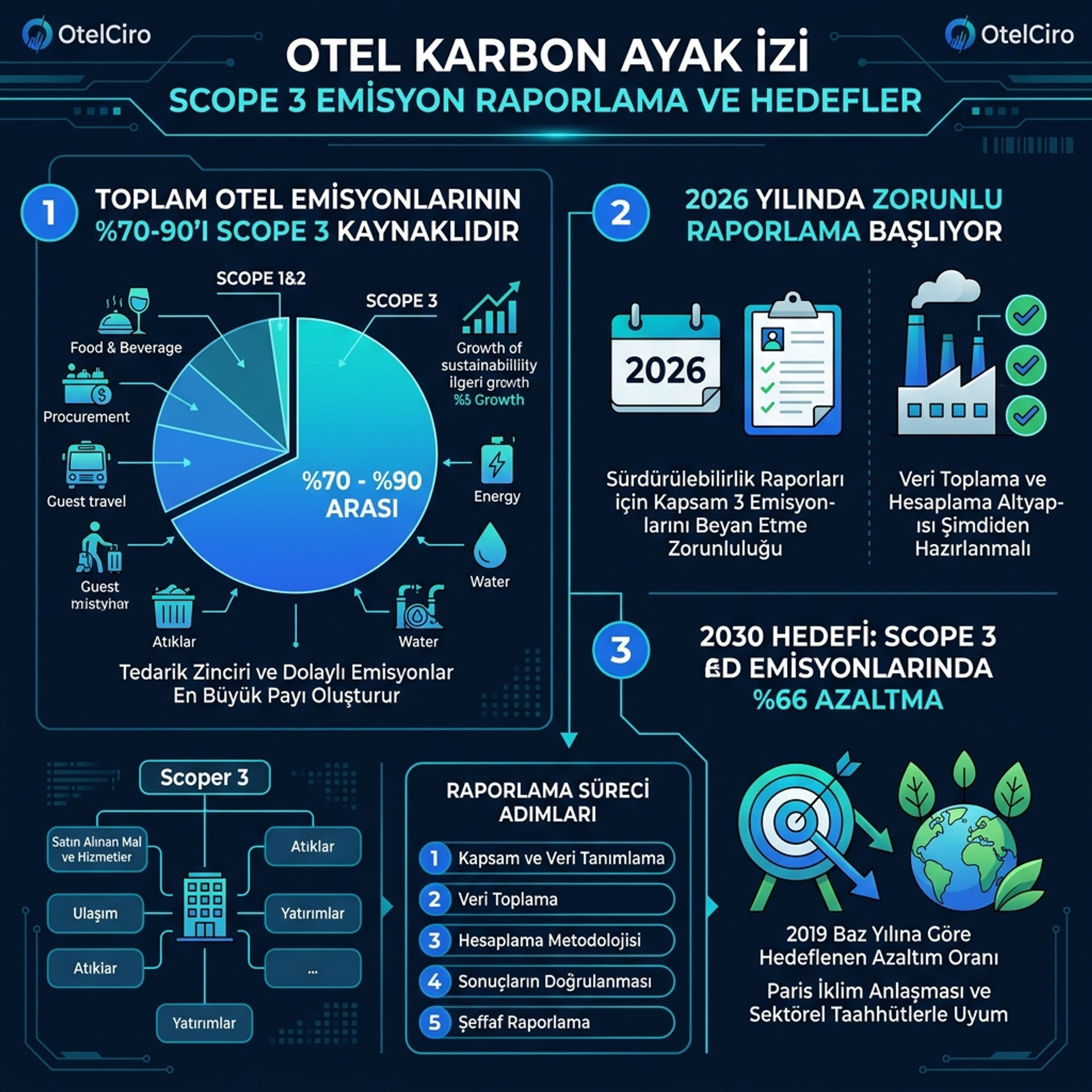 Otellerde Scope 3 karbon emisyon dağılımı ve raporlama süreci