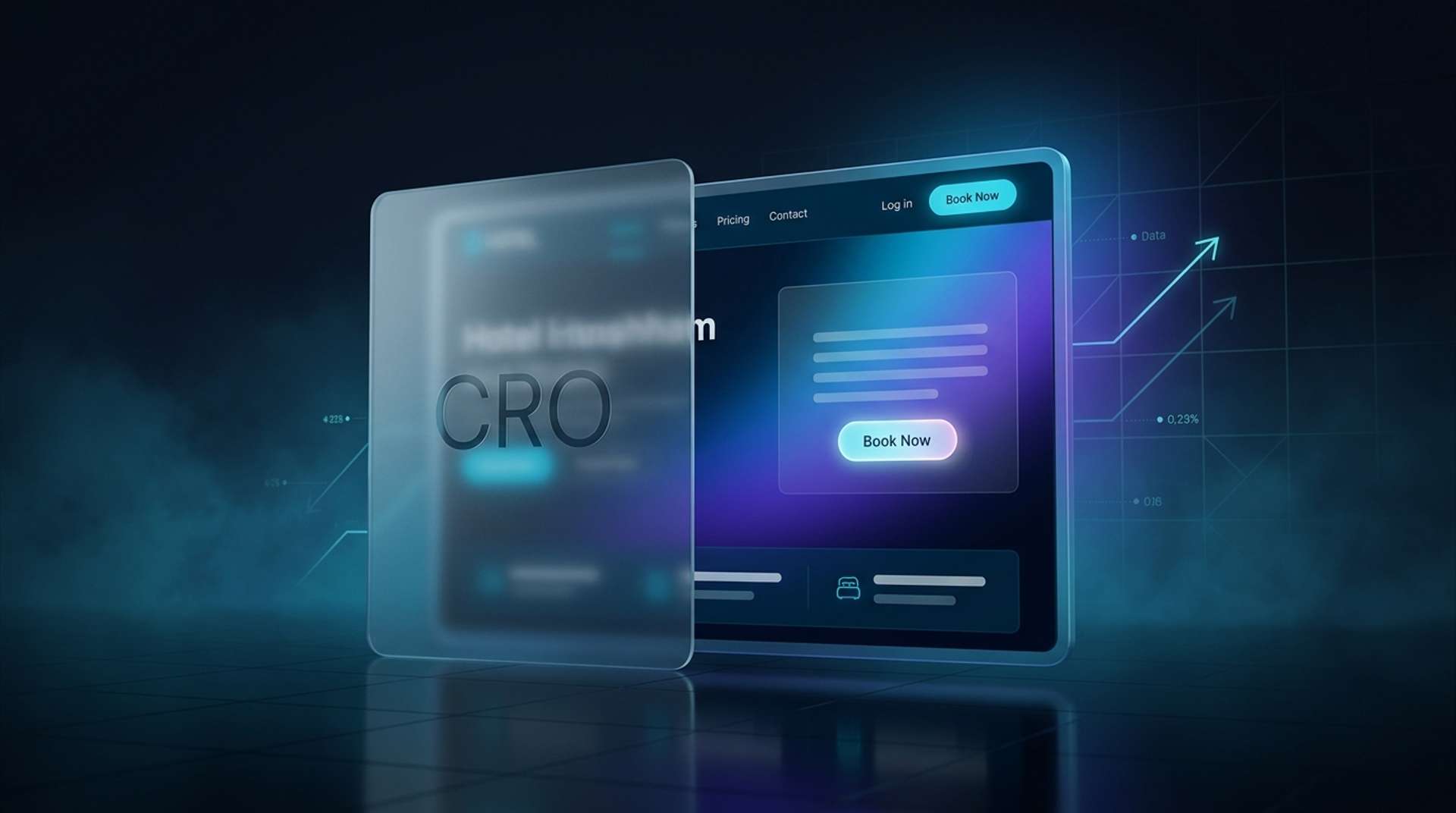 Otel web sitesi dönüşüm optimizasyonu CRO rehberi infografik — dönüşüm hunisi, A/B test alanları ve CRO sonuçları