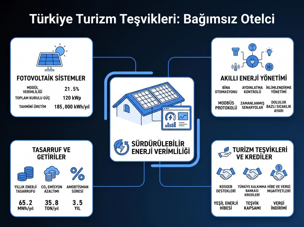 Bir otelin çatısına kurulmuş güneş panelleri veya bir otelin enerji tüketimini gösteren bir dashboard ekranı.