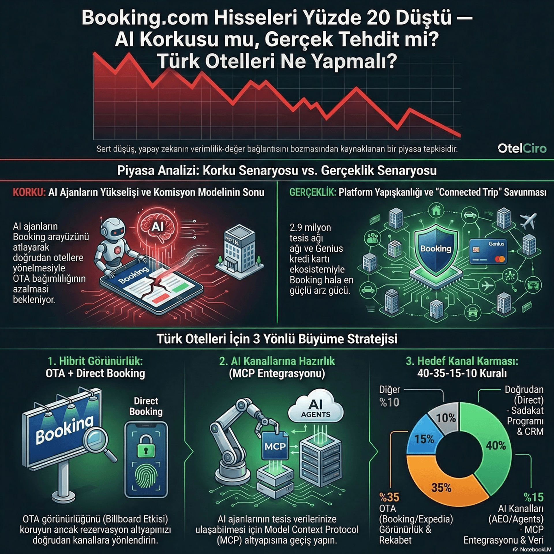 Booking.com Hisse Düşüşü ve AI Tehdidi İnfografiği