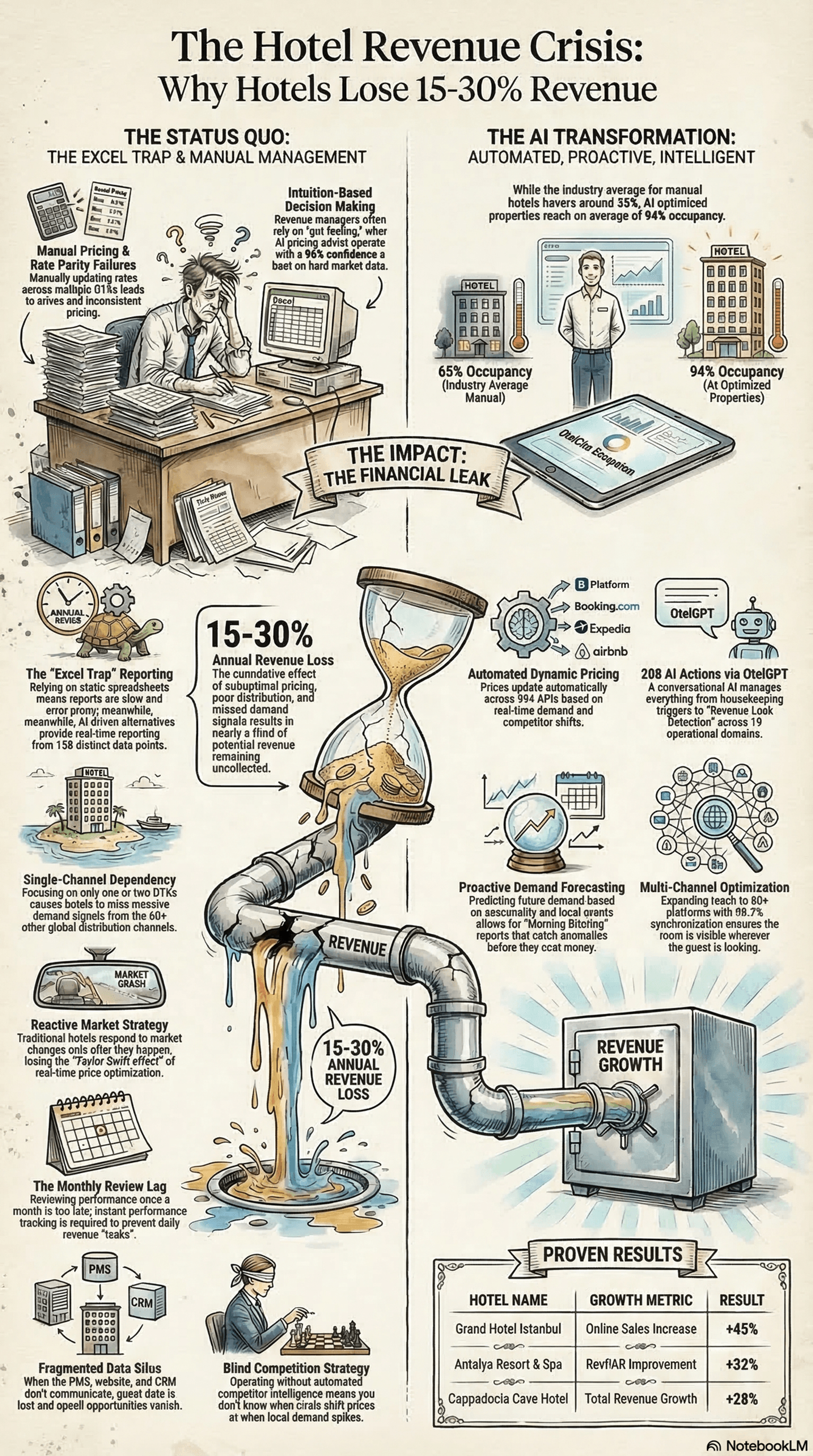 Otel Gelir Krizi İnfografiği — Excel tuzağından yapay zeka dönüşümüne