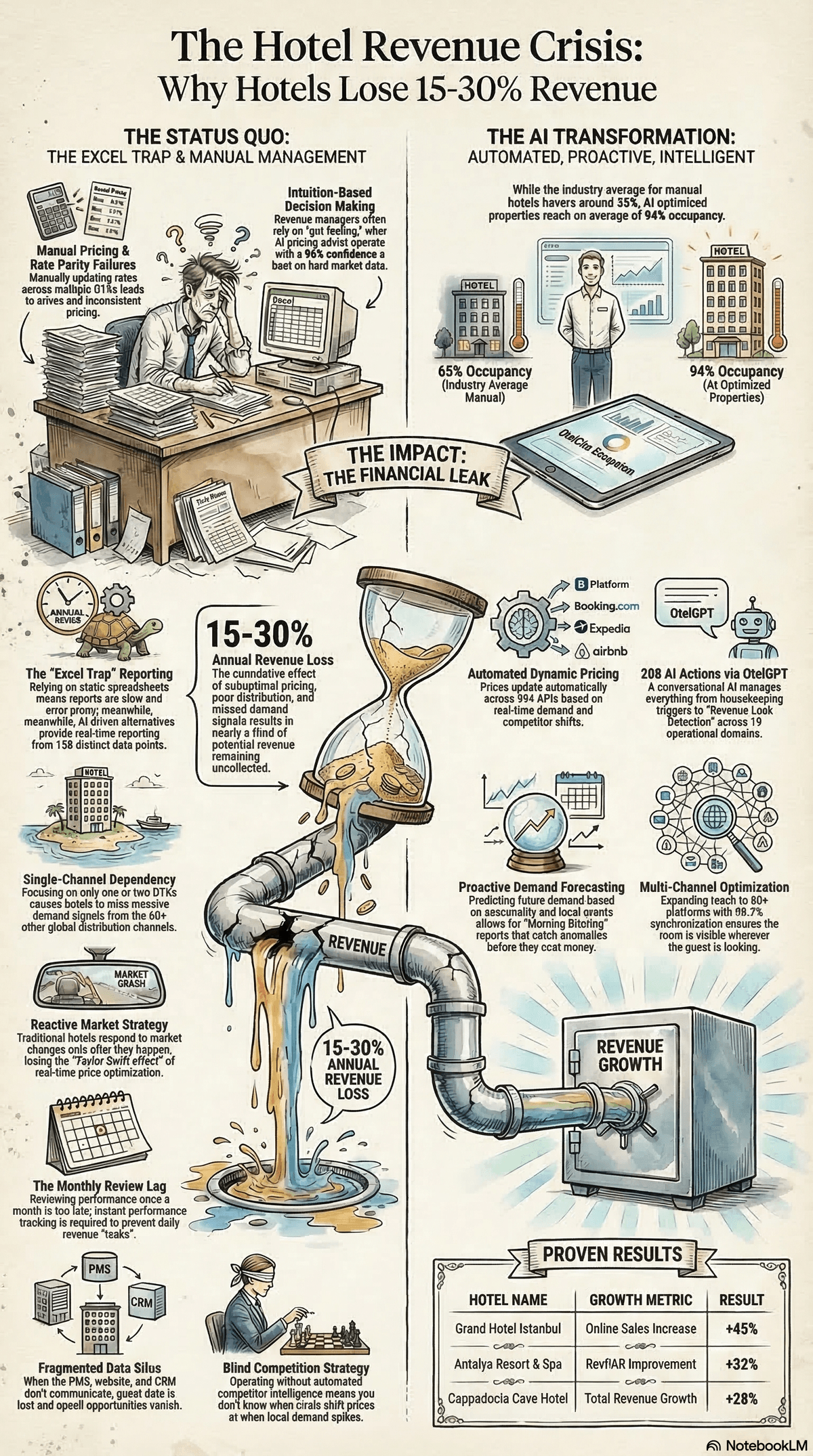 Otel Gelir Krizi İnfografiği — Excel tuzağından yapay zeka dönüşümüne