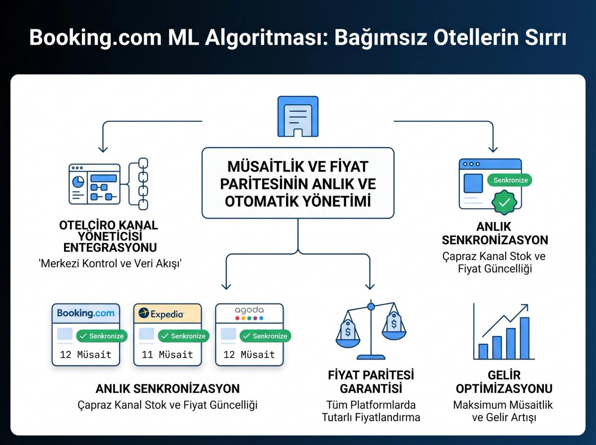 Otelciro Kanal Yöneticisi arayüzünün bir ekran görüntüsü. Booking.com, Expedia, Agoda gibi kanalların yanında yeşil 'Senkronize' ikonları ve güncel müsaitlik sayıları gösteriliyor.