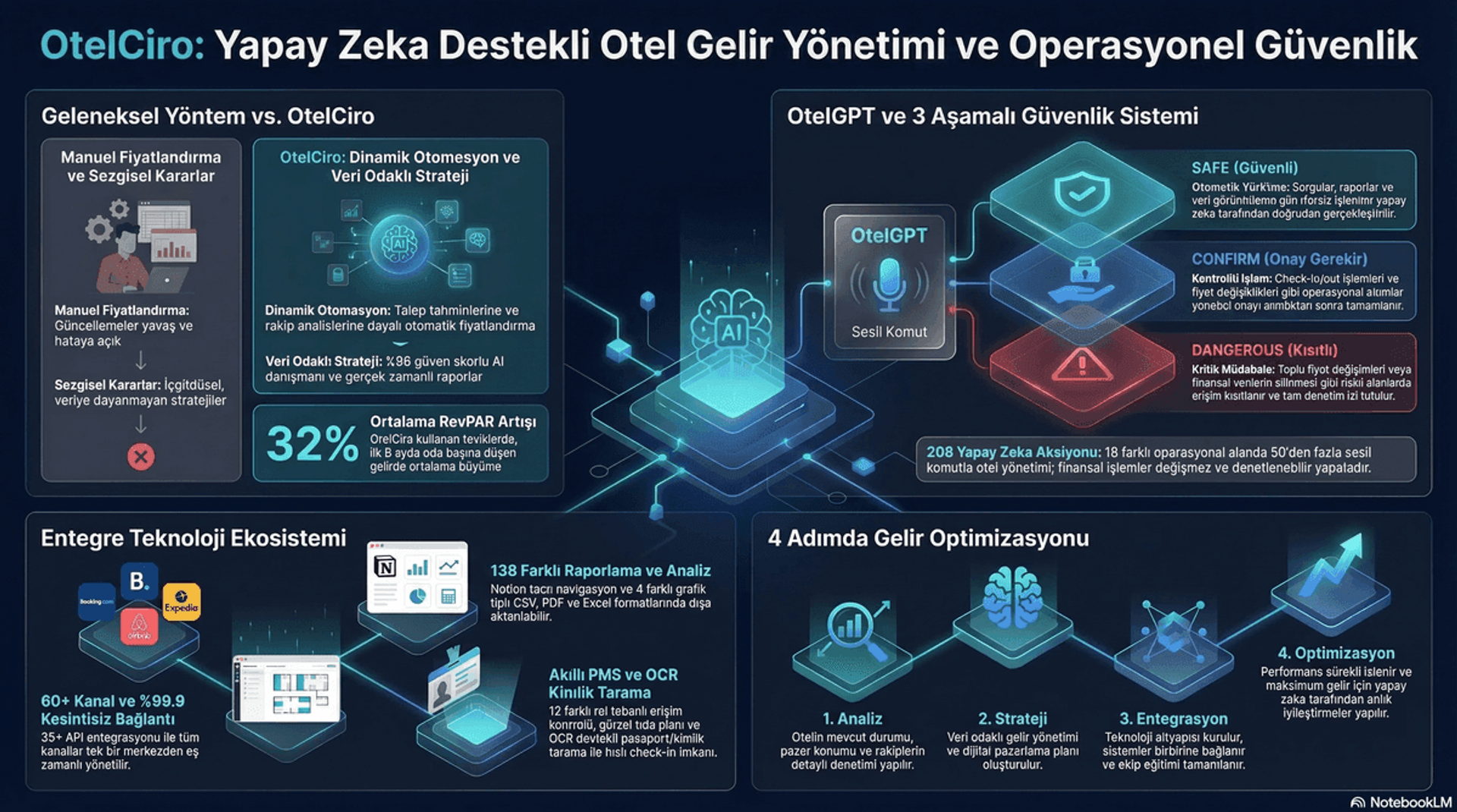 Otel güvenlik ve acil durum planı rehberi infografik — acil durum türleri, aksiyon planı ve tahliye prosedürleri