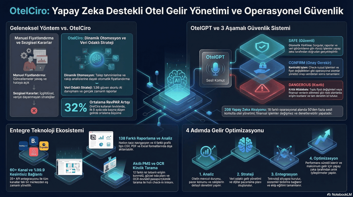 Otel güvenlik ve acil durum planı rehberi infografik — acil durum türleri, aksiyon planı ve tahliye prosedürleri