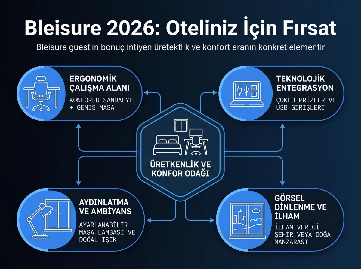İyi tasarlanmış bir otel odası çalışma alanı. Ergonomik bir sandalye, ayarlanabilir bir masa lambası, birden fazla priz ve düzenli bir masa yüzeyi. Pencereden güzel bir şehir veya doğa manzarası görünüyor.