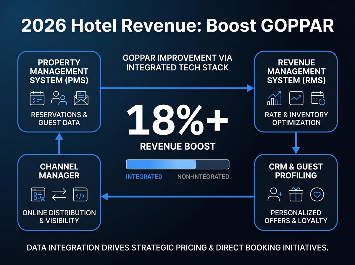 A clean infographic or diagram showing how different hotel systems (PMS, RMS, CRM, Channel Manager) all connect and feed data into each other, creating a unified platform.