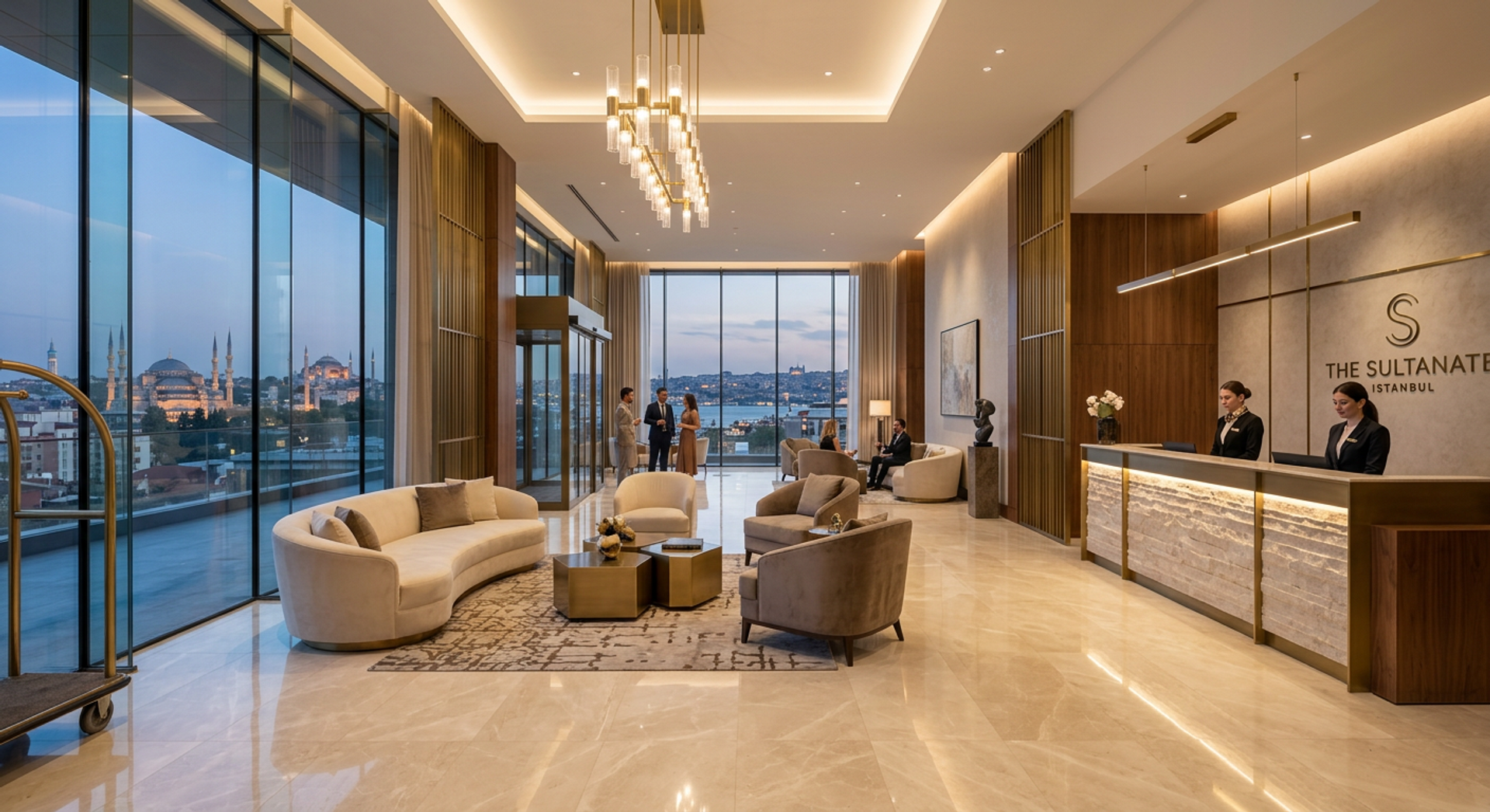 Karanlık lüks otel lobisi atmosferi