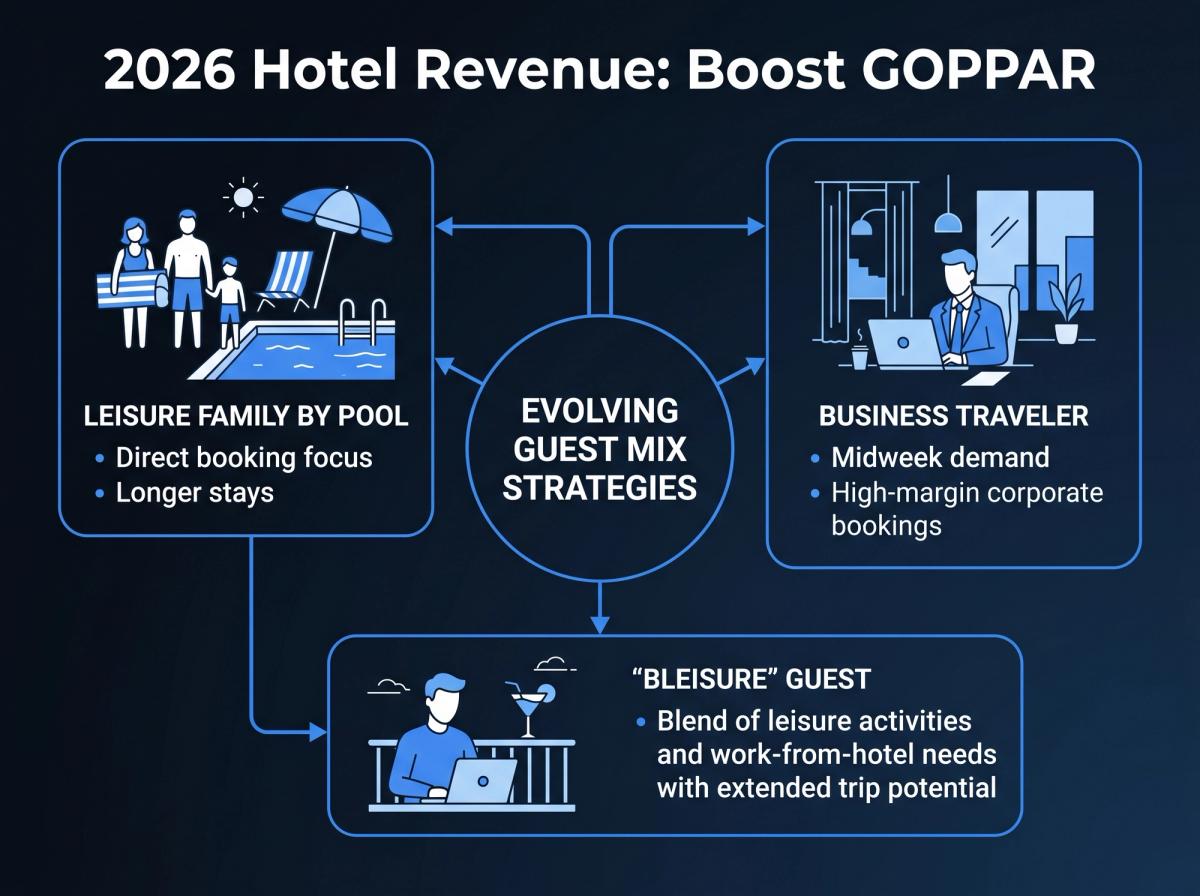 A split image or collage showing three distinct guest types: a leisure family by a pool, a business traveler working on a laptop in a modern room, and a 'bleisure' guest with a laptop and a cocktail on a balcony.