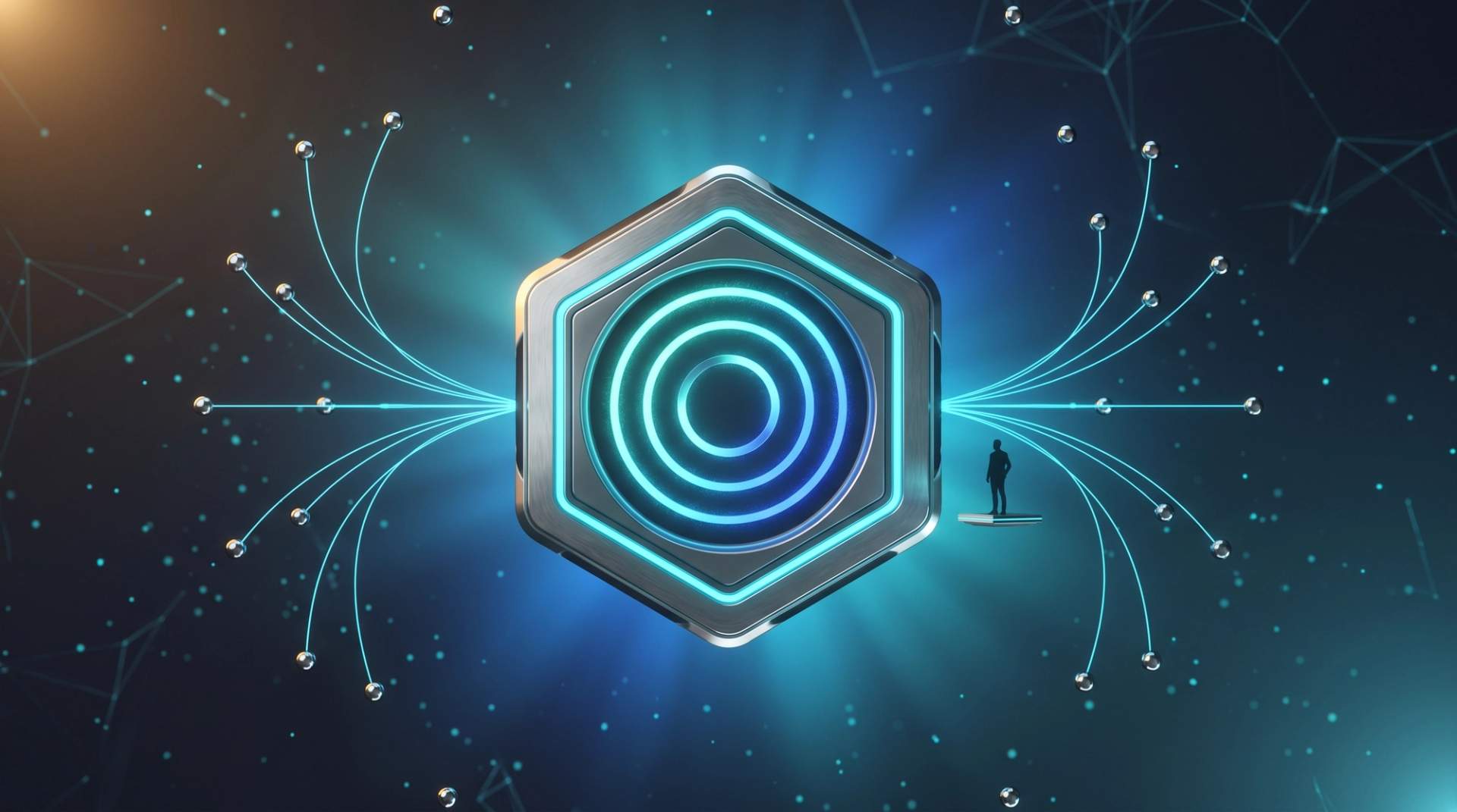 Algoritmik ikna — merkezi altıgen AI karar çekirdeği etrafında veri akışları ve insan-döngüde silüet