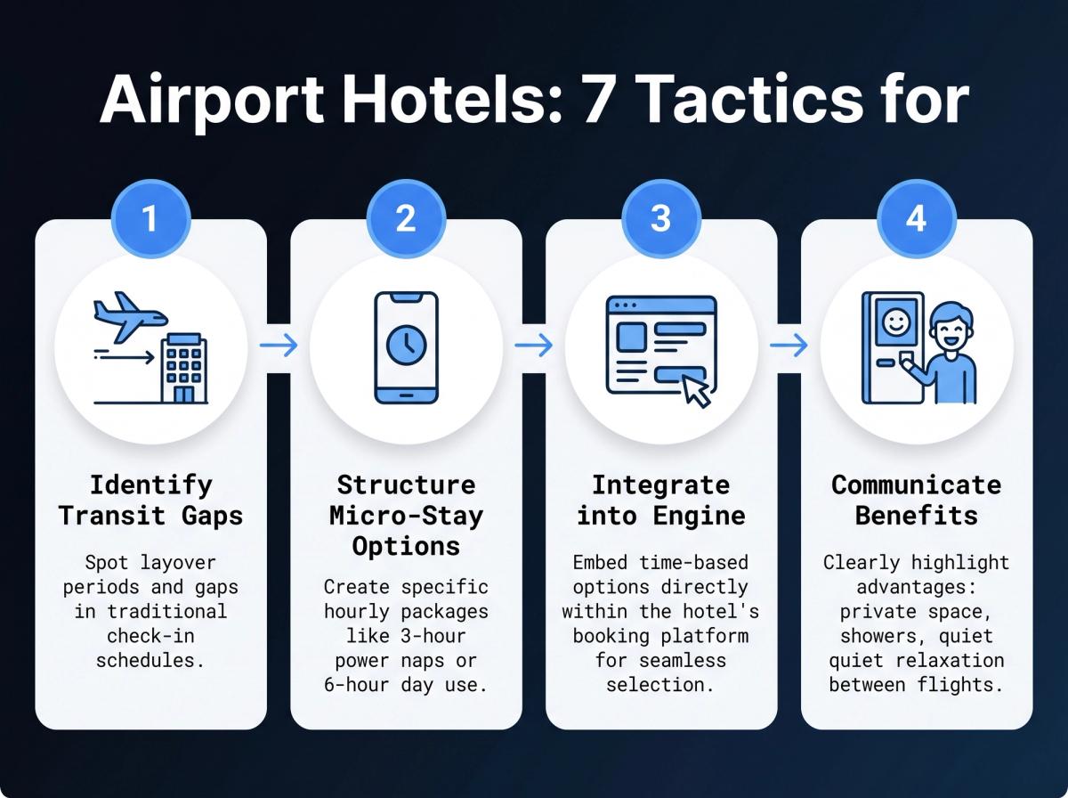 A mock-up of a hotel's direct booking engine on a smartphone, clearly showing options for 'Overnight Stay', 'Day Use (6 hours)', and 'Power Nap (3 hours)' with different prices.