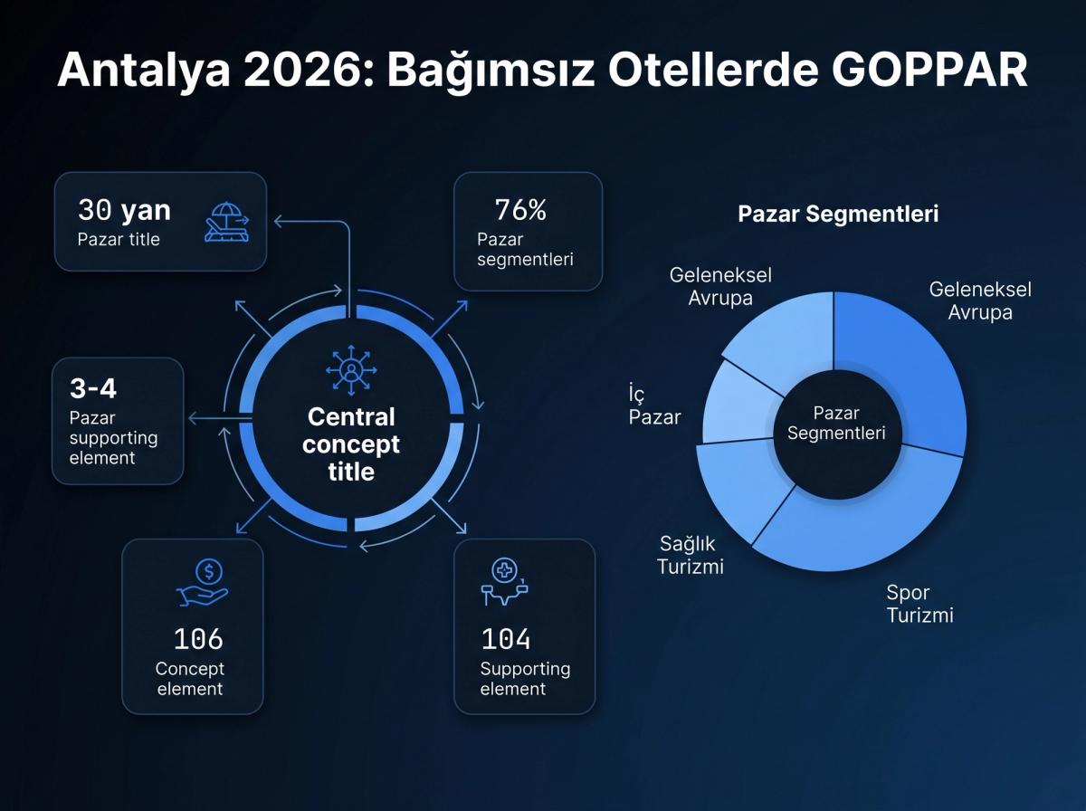 Antalya'nın pazar segmentlerini gösteren stilize bir pasta grafiği. Dilimler: Geleneksel Avrupa, Orta Doğu, İç Pazar, Sağlık Turizmi, Spor Turizmi gibi segmentleri temsil ediyor.