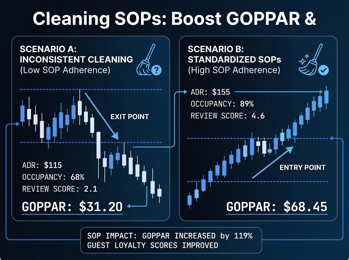 A simple line chart or infographic showing a positive correlation. The X-axis is 'Average Cleaning Review Score (1-5)' and the Y-axis is 'Potential ADR Lift (%)'. The line trends upwards, showing that better reviews lead to higher revenue potential.