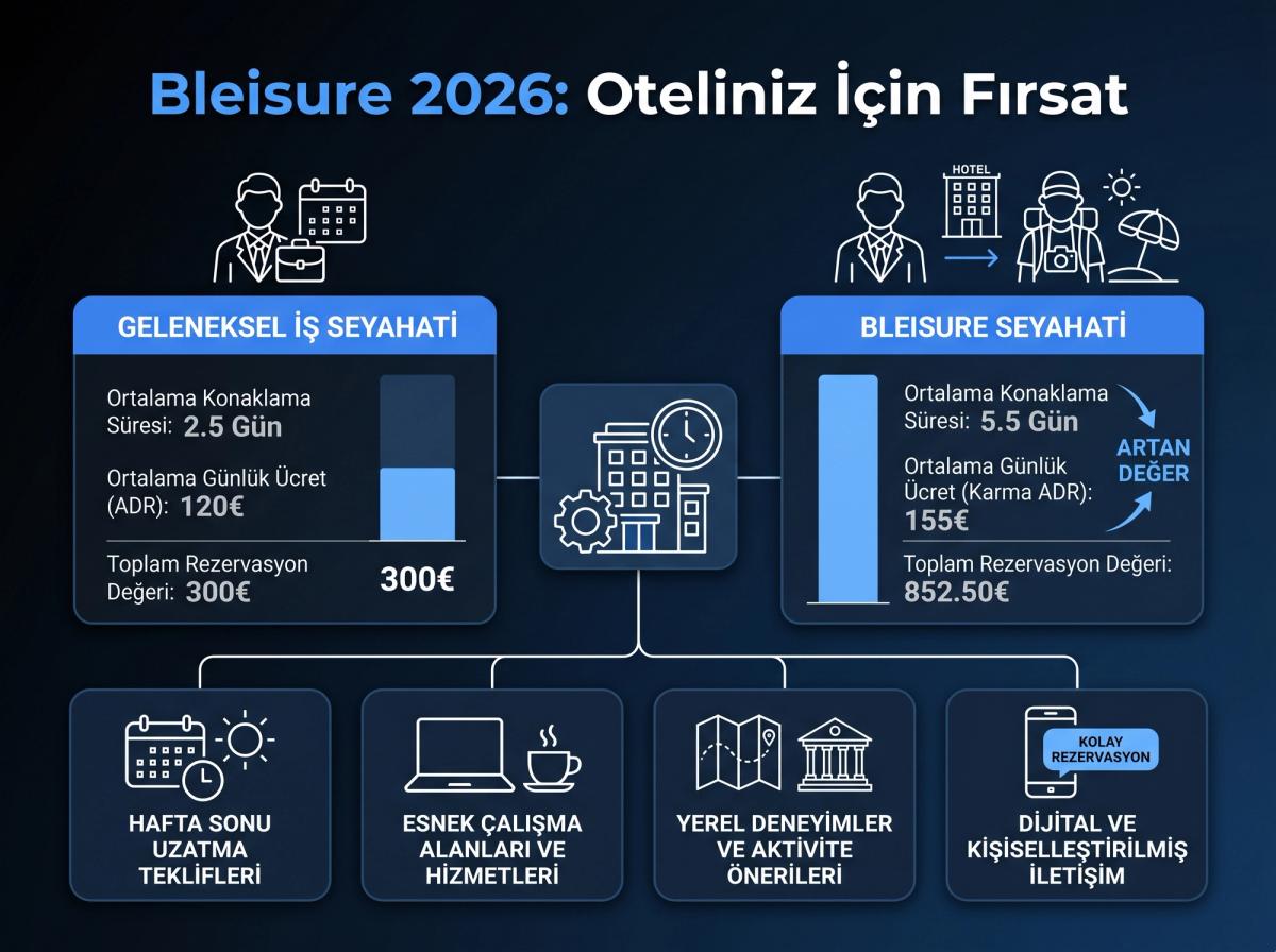 Basit bir bar grafiği veya infografik. 'Geleneksel İş Seyahati' (ortalama 2.5 gün konaklama, 120€ ADR) ile 'Bleisure Seyahati' (ortalama 5.5 gün konaklama, 155€ karma ADR) karşılaştırılıyor. Grafikte toplam rezervasyon değerindeki artış vurgulanıyor.