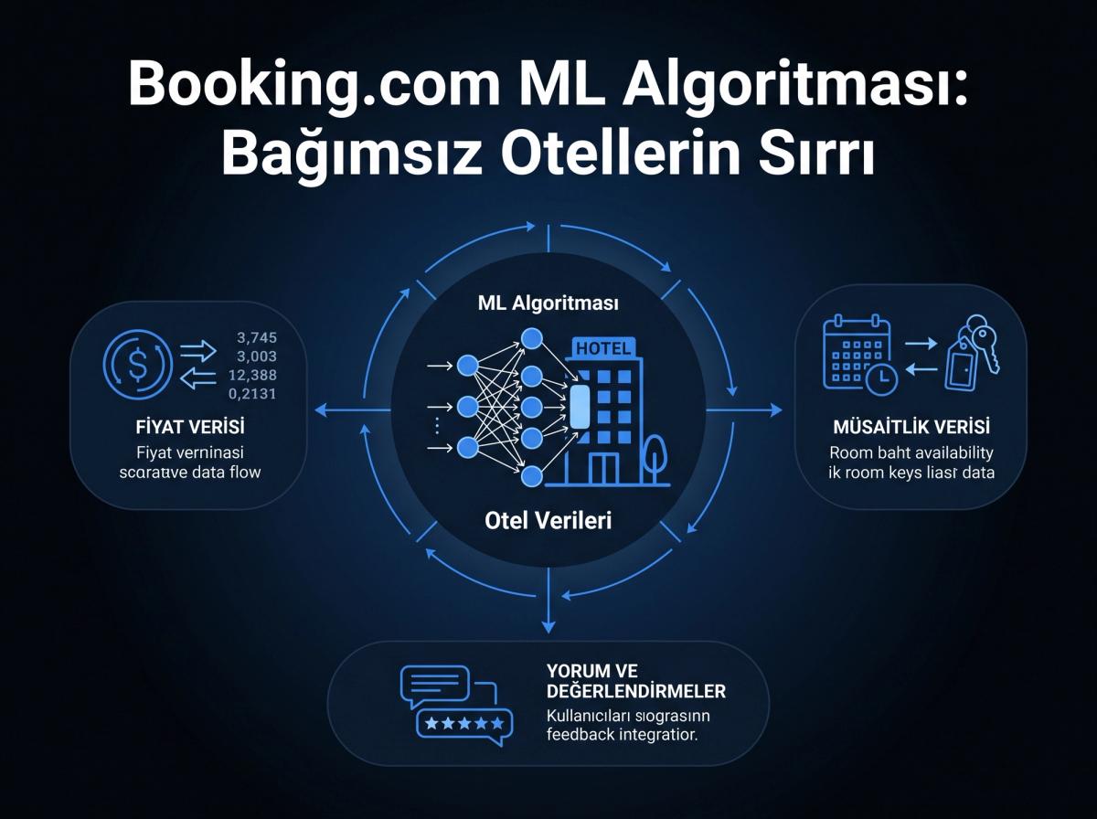 Soyut bir sinir ağı veya veri akışı görselleştirmesi, üzerinde fiyat, müsaitlik, yorum gibi ikonlar bulunuyor. Bu görsel, bir otel silüetiyle birleşiyor.