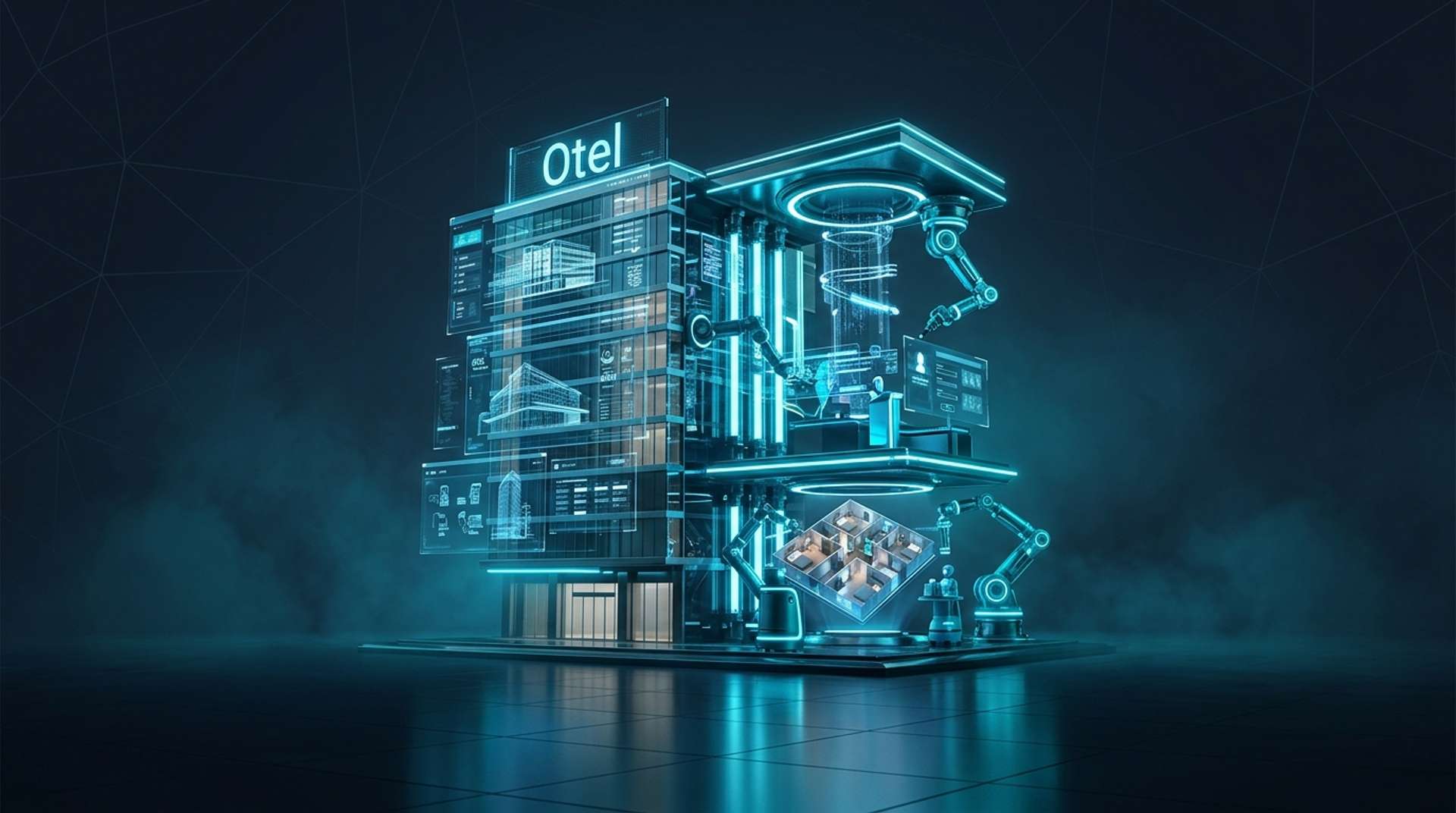 Otel personel krizi ve teknolojik çözümler infografik — işgücü açığı istatistikleri, otomasyon görevleri ve teknoloji yatırımları