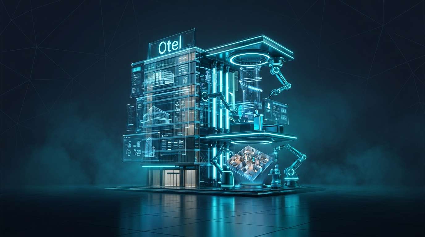Otel personel krizi ve teknolojik çözümler infografik — işgücü açığı istatistikleri, otomasyon görevleri ve teknoloji yatırımları