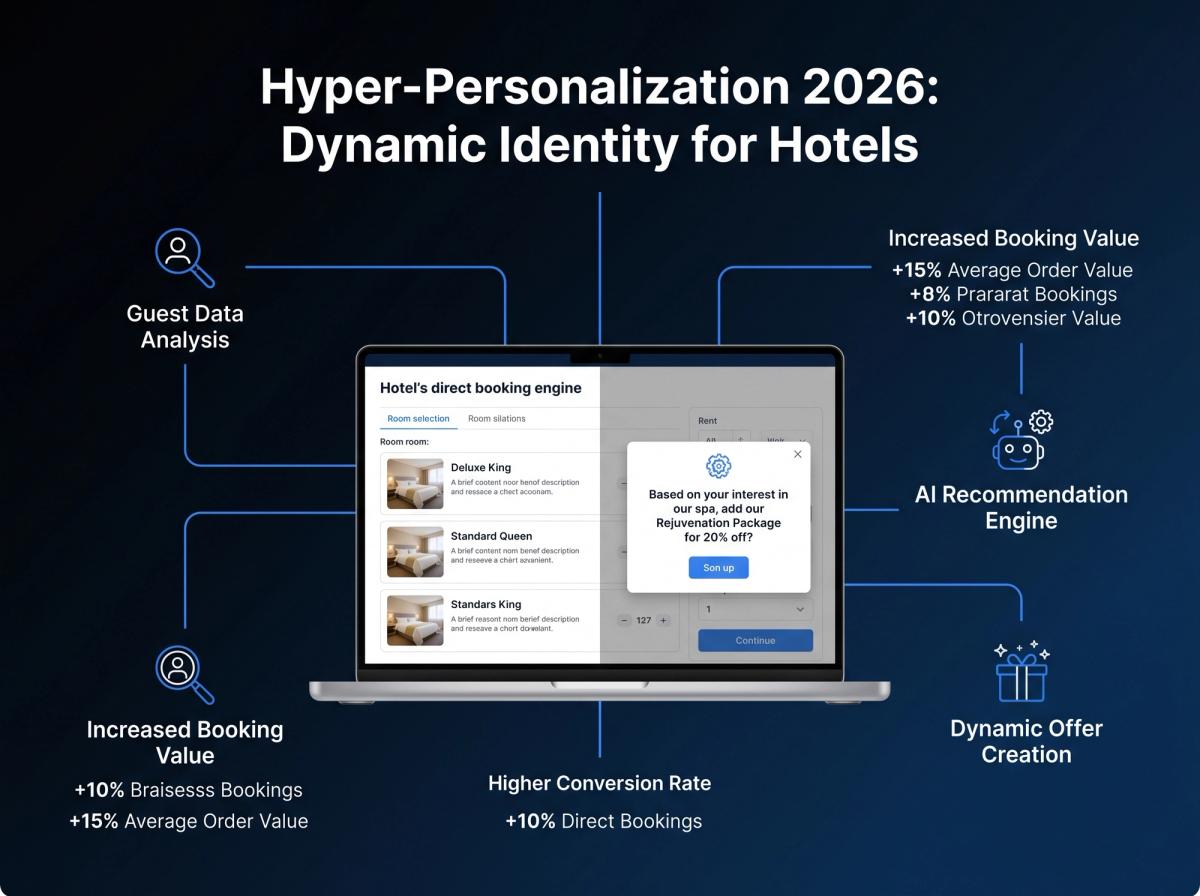 A mock-up of a hotel's direct booking engine on a laptop screen. It shows a standard room selection on the left, and on the right, an AI-powered pop-up says 'Based on your interest in our spa, add our Rejuvenation Package for 20% off'.