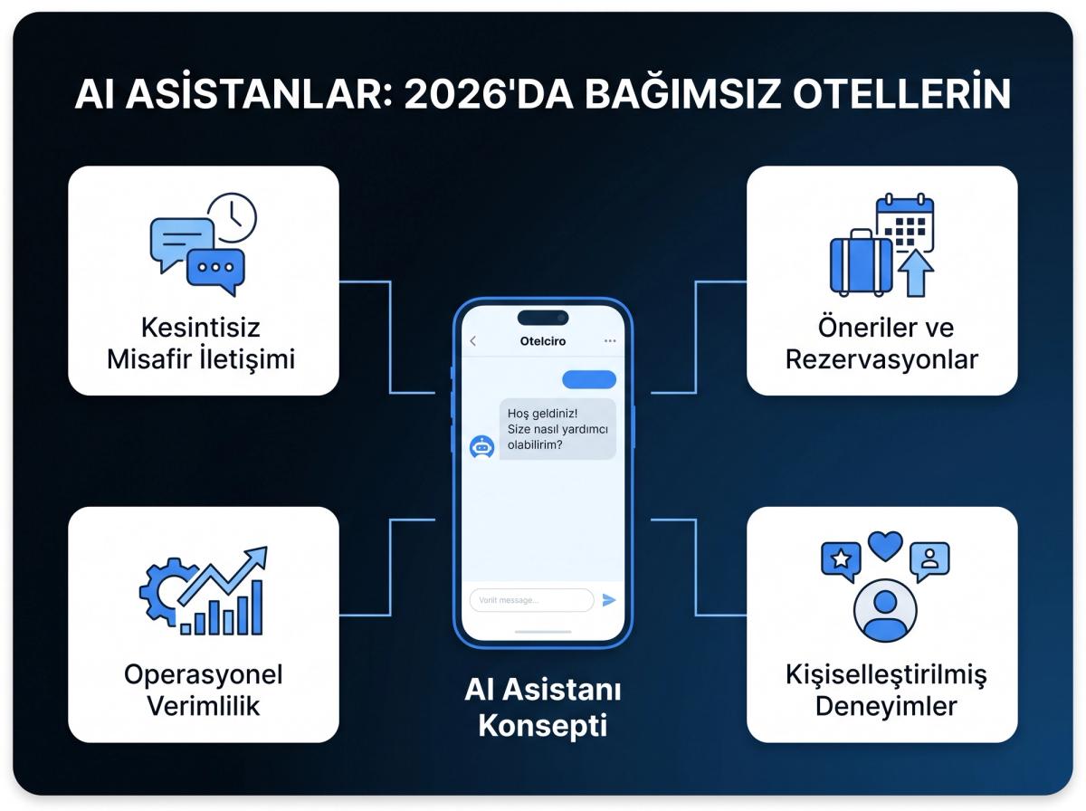 Bir misafirin akıllı telefonunda otelin AI asistanıyla (chatbot arayüzü) konuştuğu bir yakın çekim. Ekranda 'Hoş geldiniz! Size nasıl yardımcı olabilirim?' gibi bir mesaj görünüyor.