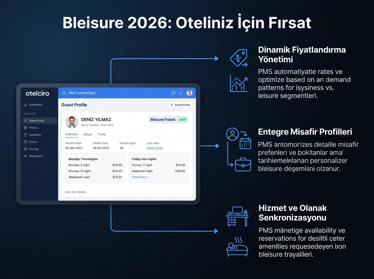 Otelciro PMS kontrol panelinin bir ekran görüntüsü (mock-up olabilir). Ekranda bir misafir profili açık ve 'Bleisure Paketi' aktif görünüyor. Misafirin konaklama detaylarında hafta içi ve hafta sonu için farklı fiyatlar belirtilmiş.